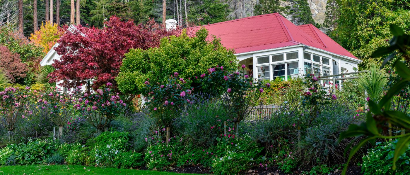 Lush autumn garden with colourful foliage in front of an red roofed cottage